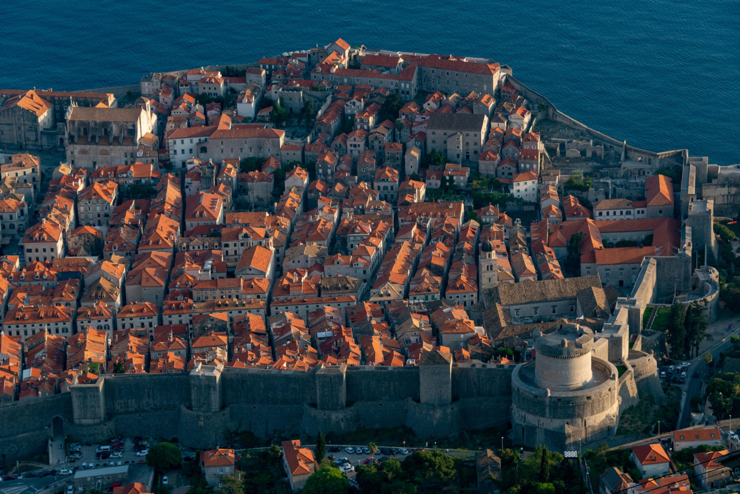 Aerial view of Dubrovnik Old Town city walls and red rooftops